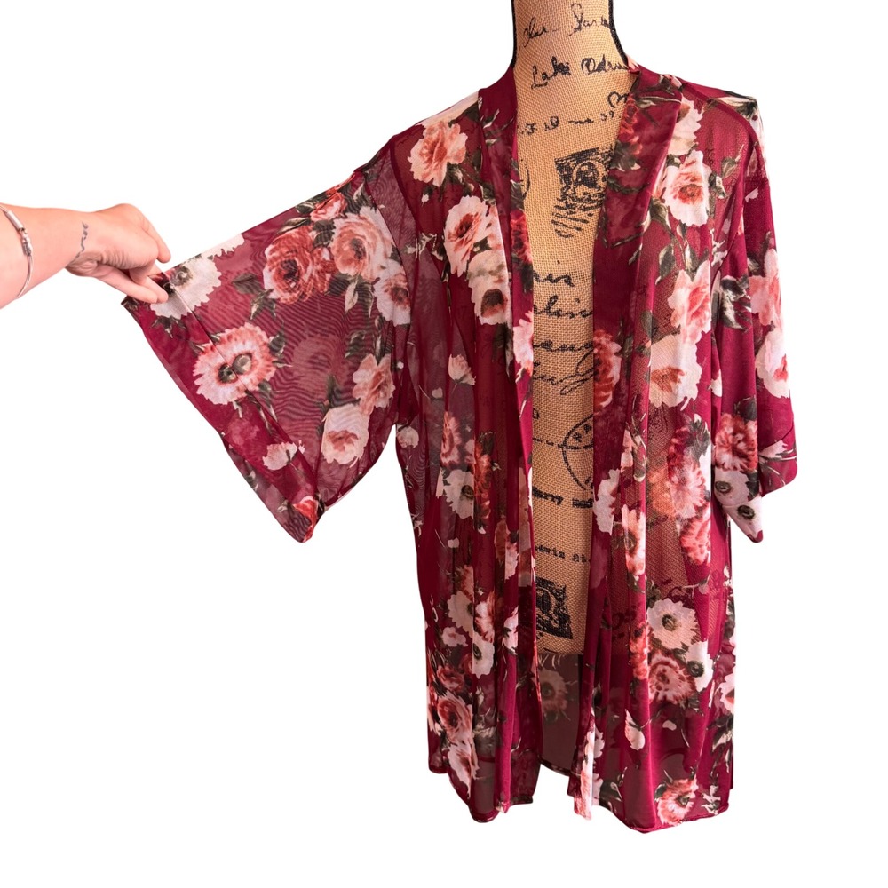 Cacia Burgundy Floral Sheer Mesh Kimono Cardigan Open Front Rose Print USA